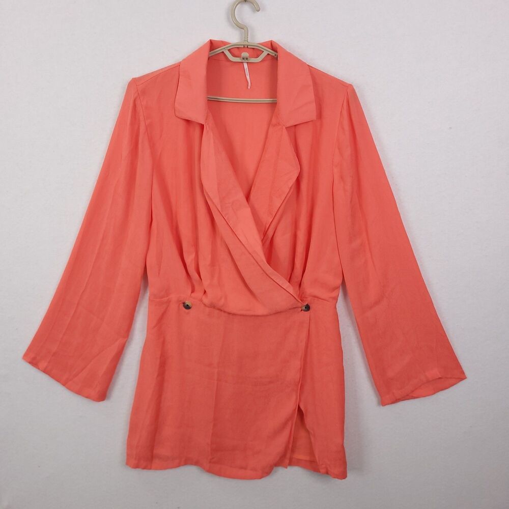 Free People Simone Wrap Mini Dress L Coral Deep V-Neck Relaxed Beachy Snakeskin